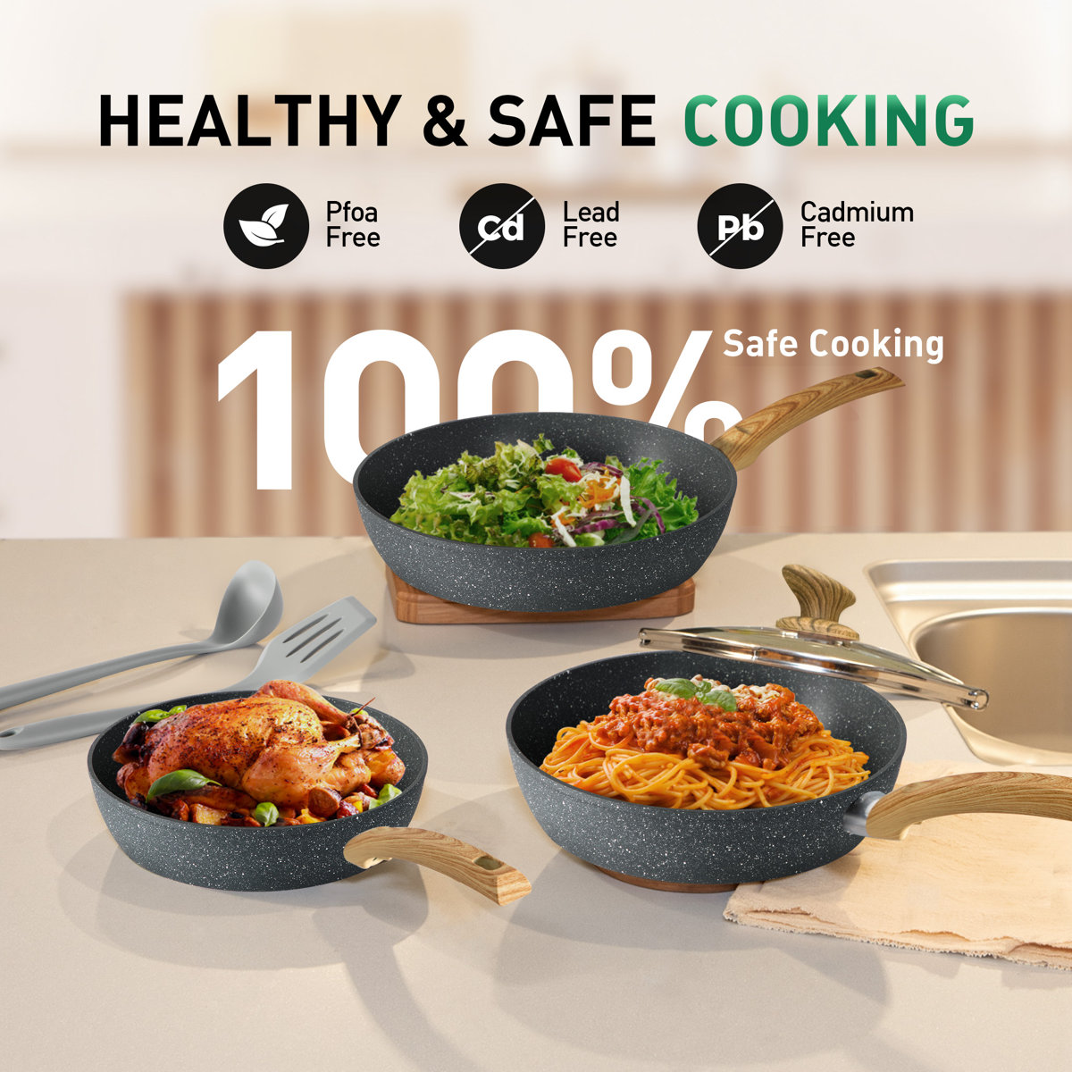 12 Piece Granite Black Nonstick kitchen Cookware Induction Pots and Pans Set